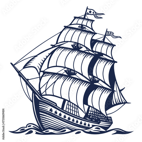 Majestic tall ship sailing on the ocean with full sails and waving flags