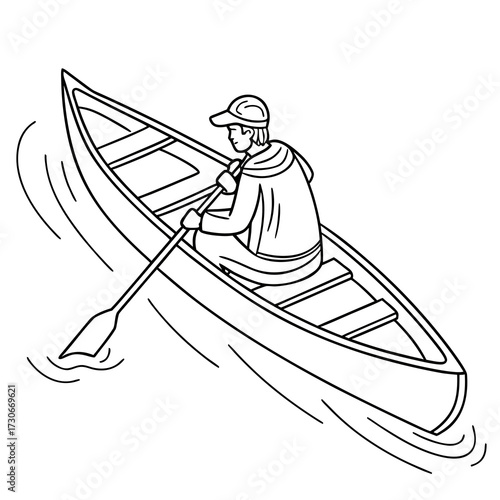 Man wearing a cap paddling a canoe through rippling water with a single oar