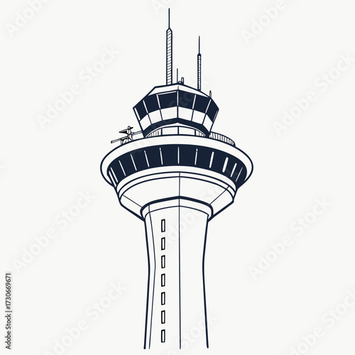 Modern airport control tower illustration with antennas and windows against a white background
