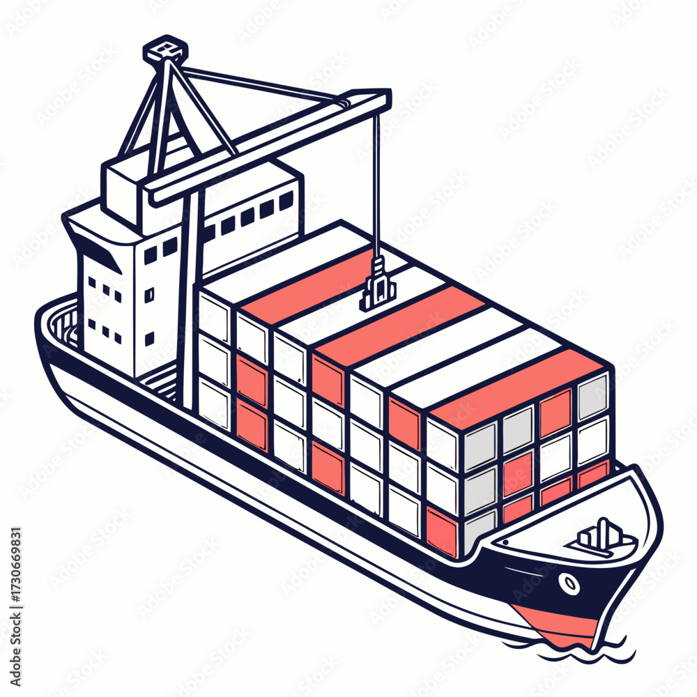 Naklejka premium Modern cargo ship carrying stacked shipping containers with a crane in isometric view on white background