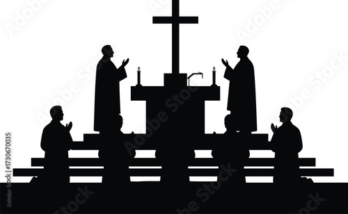 Religious ceremony silhouette, altar with cross, priests and worshippers praying, church ritual scene, spiritual devotion, black vector illustration, faith