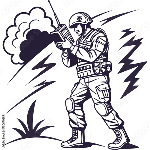 soldier with radio under explosion silhouette silhouette vector on a white background