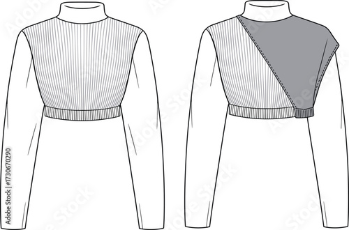 Cad drawing flat vector illustration of women cropped turtleneck sweater with long sleeves stylish fashion garment technical design template
