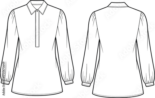 Cad drawing flat vector illustration of women long sleeve blouse with collar and placket fashion technical garment pattern design