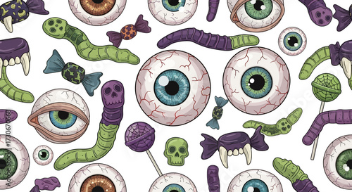 Spooky Halloween sweets pattern with cartoon eyeballs