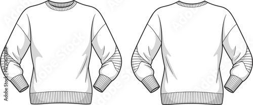 Cad drawing flat vector illustration of women long sleeve crew neck sweater with rib cuffs hem fashion garment technical sketch template