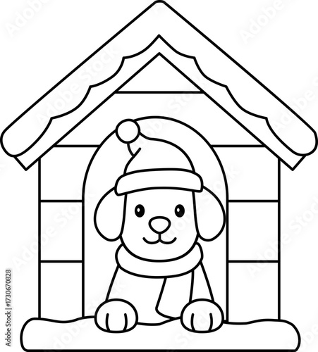 Cute Christmas doghouse and dog outline.
Dog in Snowy Doghouse Coloring Pages.
Transparent background. svg.