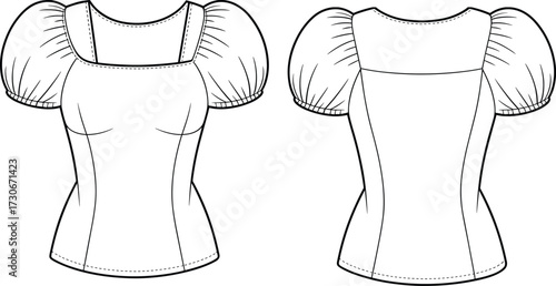 Cad drawing flat vector illustration of women puff sleeve square neck blouse fashion technical sketch template for apparel pattern design