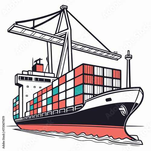 Modern container ship loaded with cargo containers being loaded by a large port crane in the ocean