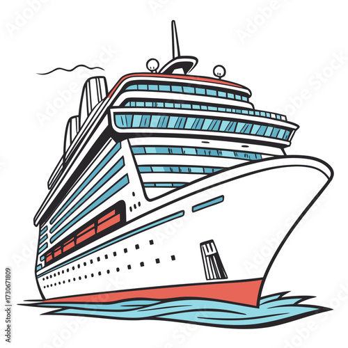 Modern white cruise ship with blue windows sailing on wavy blue ocean water