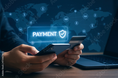 A person holding a credit card and smartphone with a digital payment interface overlayed, symbolizing secure online transactions.