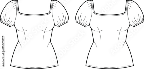 Cad drawing flat vector illustration of women puff sleeve square neckline blouse fashion technical sketch template for garment pattern design