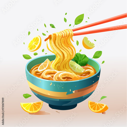 Dynamic 3D render of a delicious ramen bowl with chopsticks lifting noodles and a playful broth splash Vector Illustration