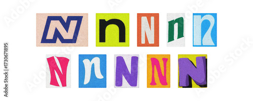 Typography letter N set in diverse styles, cutouts on transparent PNG

