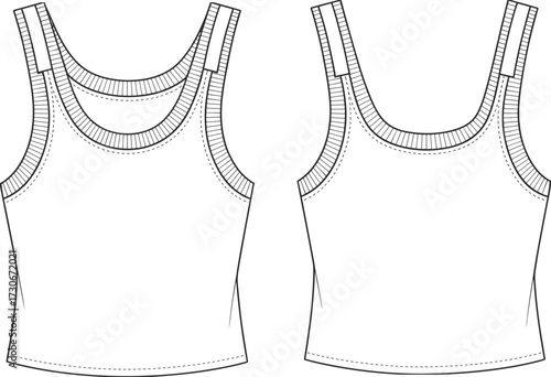 Cad drawing flat vector illustration of women ribbed tank top sleeveless scoop neck casual summer fashion technical garment design template