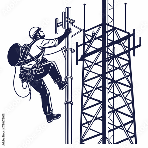 Skilled technician in safety gear climbs a tall telecommunications tower for antenna maintenance and repair