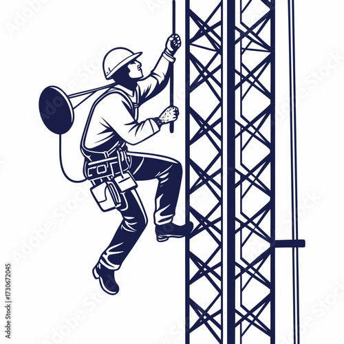 Skilled technician in safety gear climbs a tall communication tower with tools and harness