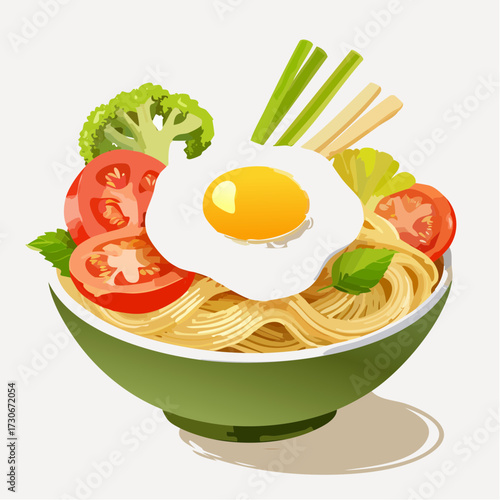 Delicious and realistic 3D render of instant noodles with a fried egg, fresh tomatoes, and vegetables Vector Illustration