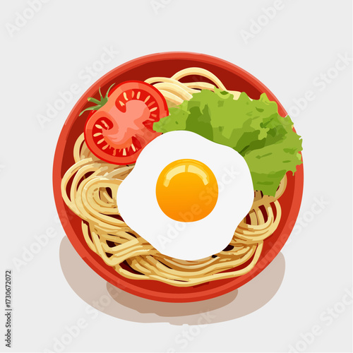 Delicious and realistic 3D render of instant noodles with a fried egg, fresh tomatoes, and vegetables Vector Illustration