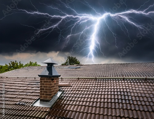 storm wracked rooftop with lightning rod offering protection and safety amidst swirling energy of wet weather