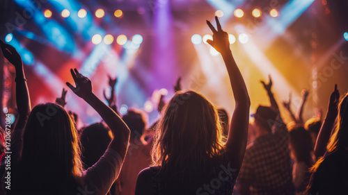 Wallpaper Mural A crowd of people with their hands raised in the air enjoying a concert with colorful stage lights. Torontodigital.ca