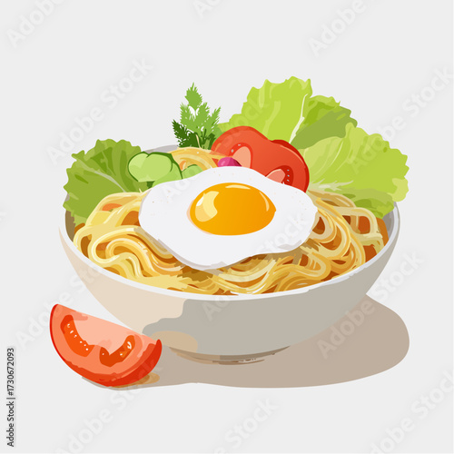 Delicious and realistic 3D render of instant noodles with a fried egg, fresh tomatoes, and vegetables Vector Illustration