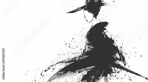 Grunge ink painting of a traditional Japanese geisha with kimono in expressive brush art style