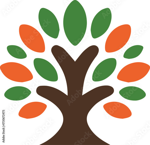Vector art of stylized tree logo with green and orange leaves