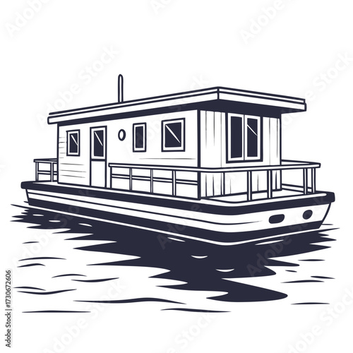 Stylized black and white illustration of a houseboat floating on calm water with a shadow