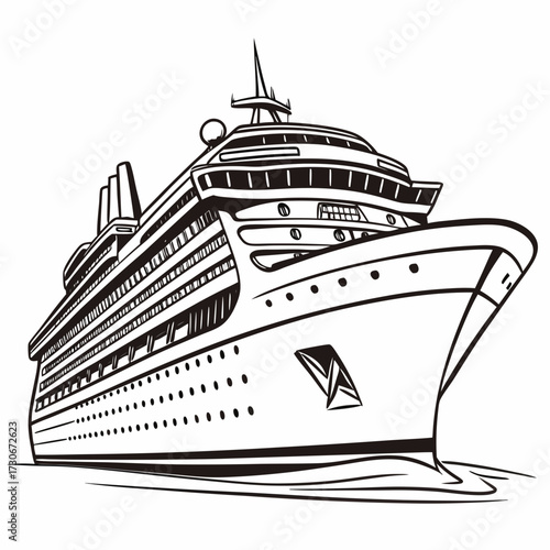 Stylized black and white illustration of a large modern cruise ship sailing on the water