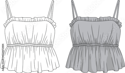 Cad drawing flat vector illustration of women ruffle strap peplum top summer sleeveless blouse fashion garment technical design template