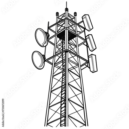 Stylized black and white illustration of a tall telecommunications tower with antennas and dishes against a white background