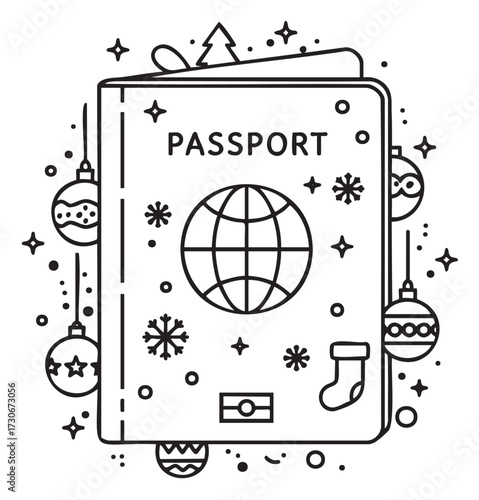 Festive passport illustration with christmas ornaments and snowflakes - stock vector
