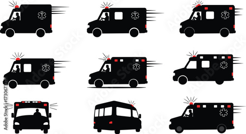 PrintAmbulance silhouettes, emergency vehicles, medical transport, paramedic vans, urgent care illustration, hospital rescue, first aid vehicles, healthcare emergency, ambulance icons, medical 