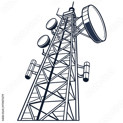 Stylized illustration of a communication tower with multiple antennas and dishes against a white background