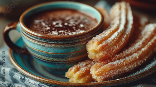 Spanish breakfast with churros and thick hot chocolate on café table in warm morning light.