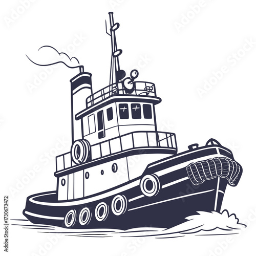 Stylized illustration of a dark blue tugboat with smoke coming from its chimney sailing through the water