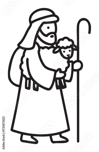Shepherd with lamb outline: male figure in traditional robe holding sheep staff - stock vector