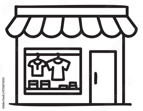 Simple line drawing of a clothes shop with shirts in display window - stock vector