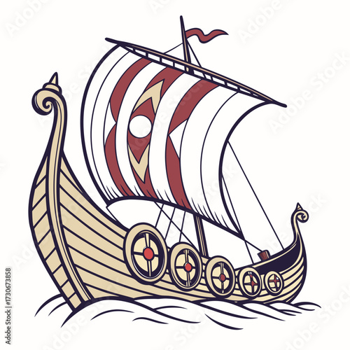 Stylized illustration of a historical viking longship sailing on wavy blue water with a striped sail