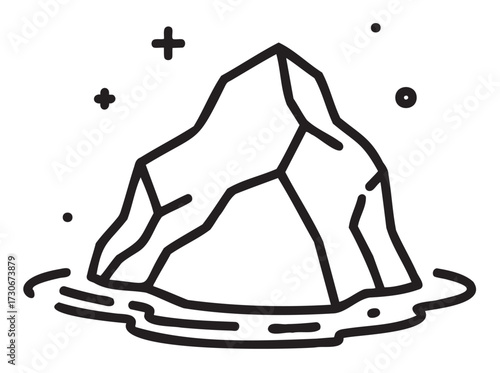 Minimalist line art of iceberg floating in ocean with stars - stock vector