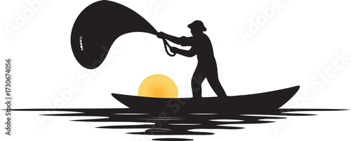 Silhouette of a fisherman casting a net from a boat on the water with a setting sun behind, isolated on transparent background