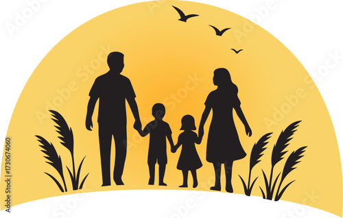 Silhouette of a family of four, parents and two children, holding hands and walking together with birds flying in the sky and reeds on the ground against a large yellow sun on transparent background