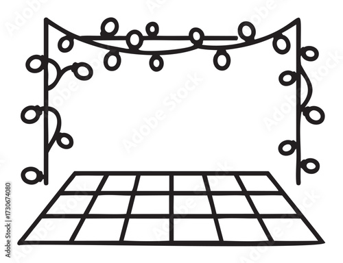 Black and white festive string lights line drawing with checkered floor - stock vector