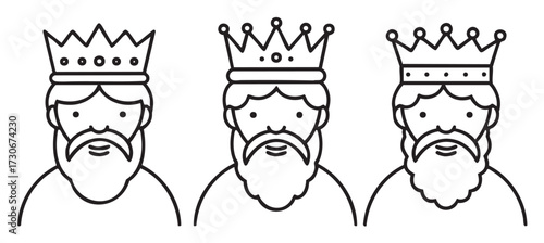 Three cartoon kings with crowns in black and white line art - stock vector
