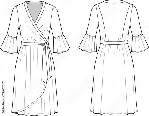 Cad drawing flat vector illustration of wrap dress with flounce sleeves tie waist technical fashion sketch front and back view template