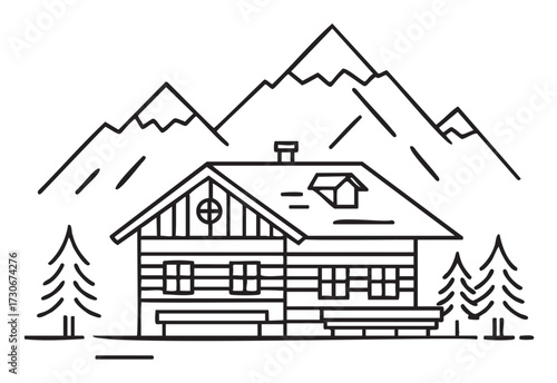 Minimalist cabin illustration with mountains and trees in black and white line art - stock vector