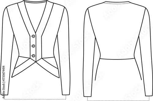 Cad drawing flat vector illustration of women’s stylish blazer cardigan with unique front overlap button closure long sleeve fashion template