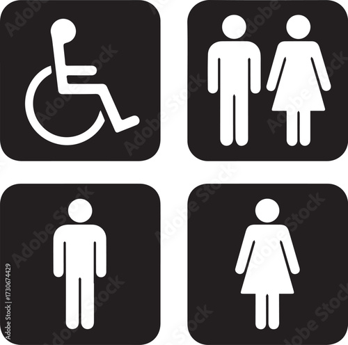 Vector art of four restroom signs including accessibility, men, women, and gender neutral