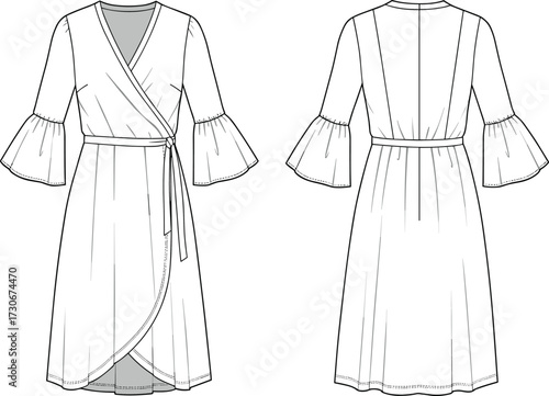 Cad drawing flat vector illustration of wrap midi dress with flounce sleeves tie waist fashion technical sketch front and back view template